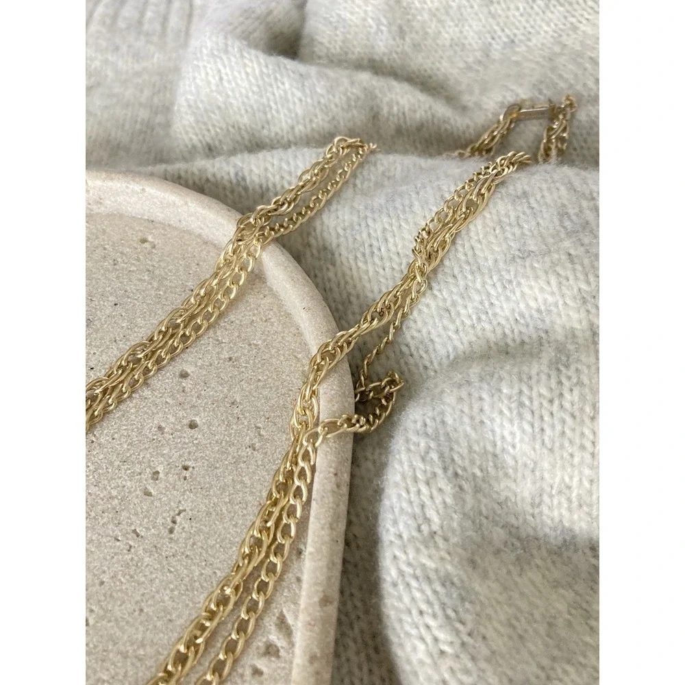Vintage Hong Kong Gold Tone Multi‎ Chain Tassel Necklace Long Pendant Double